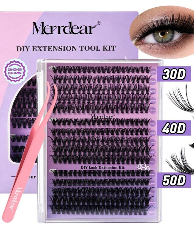 Merrdear DIY eyelash extension tool kit with a purple box, pink tweezers, a clear tray of black lash clusters, and three sample lash strip densities labeled 30D, 40D, and 50D. An eye close-up is shown in the top right corner.