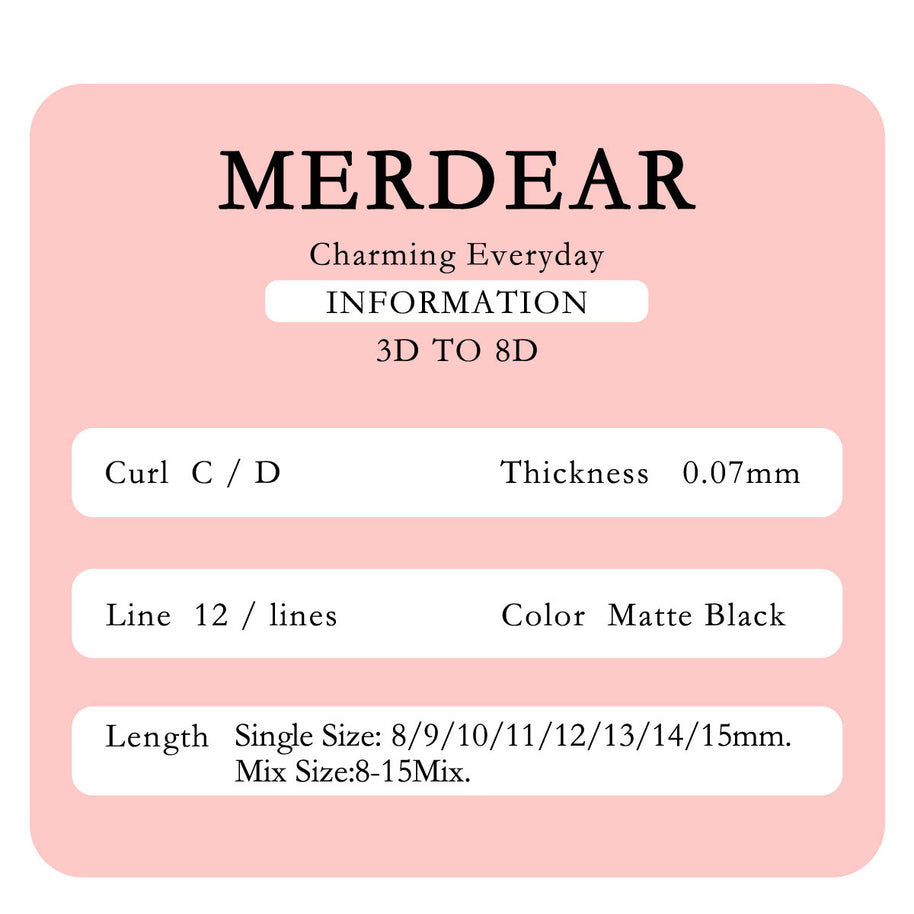 Pestanas postiças Merrdear 3D em formato UU, com um volume mega e textura de vison sintético, em comprimentos variados.
