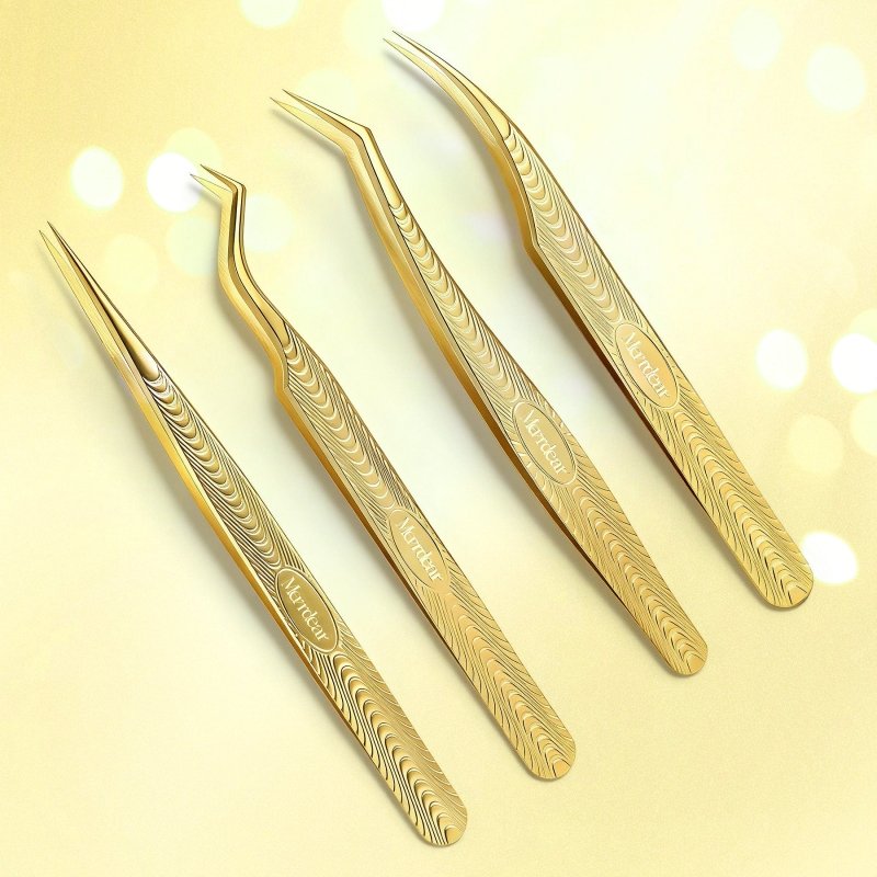 Conjunto de 4 Pinças para Pestanas Douradas Merrdear | Ferramentas para Volume e Isolamento
