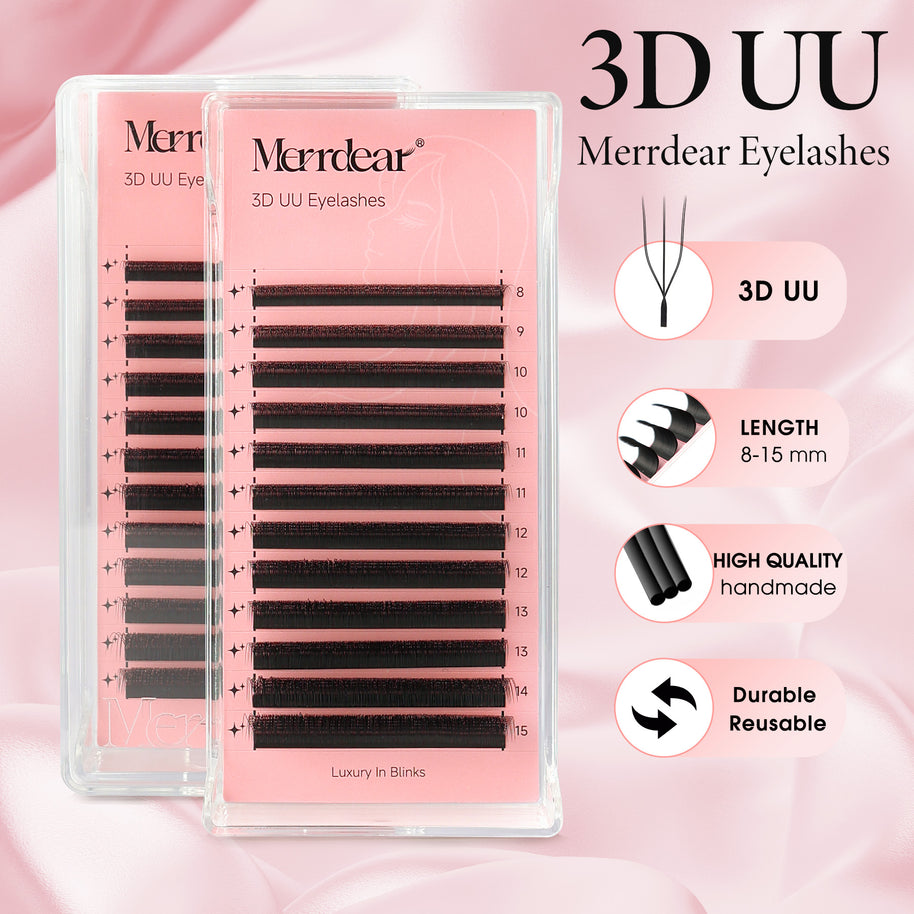 Pestanas postiças Merrdear 3D em formato UU, com um volume mega e textura de vison sintético, em comprimentos variados.
