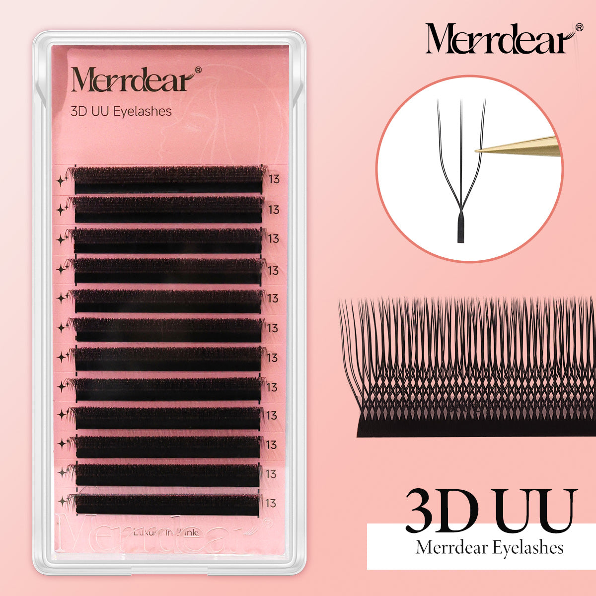 Pestanas postiças Merrdear 3D em formato UU, com um volume mega e textura de vison sintético, em comprimentos variados.