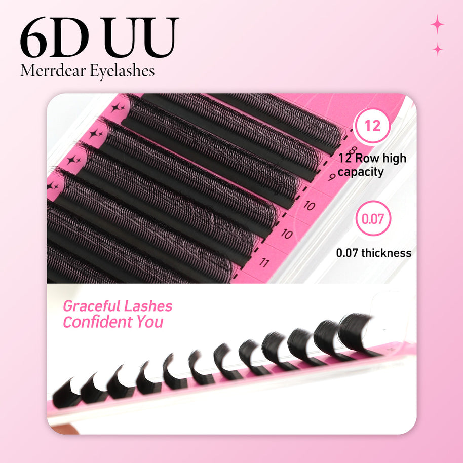 Extensões de pestanas postiças Merrdear 6D em formato UU com efeito vison sintético.