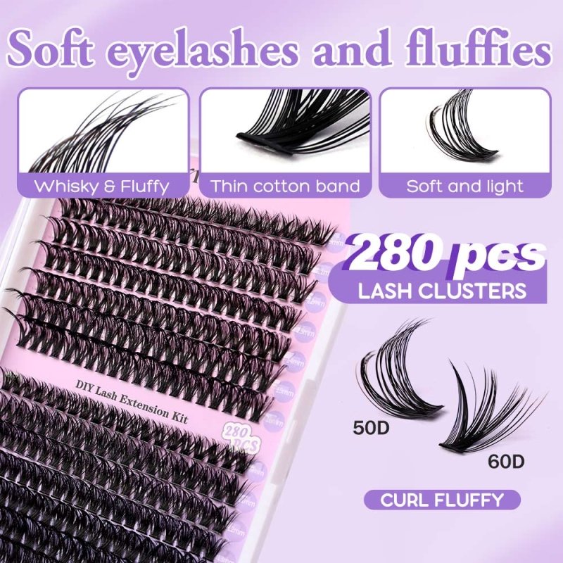 50+60D Individual Lash Cluster DIY Lash Extension Kit 9-16mix 280pcs