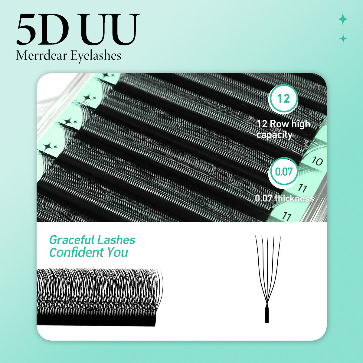 Pestanas postiças Merrdear 5D em formato UU, com um volume mega e acabamento em vison sintético, em comprimentos variados.