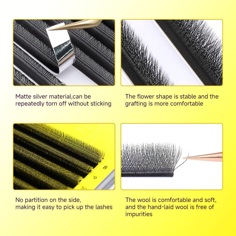 Leques de pestanas pré-fabricados em formato W 4D com volume | Pestanas macias pretos foscos