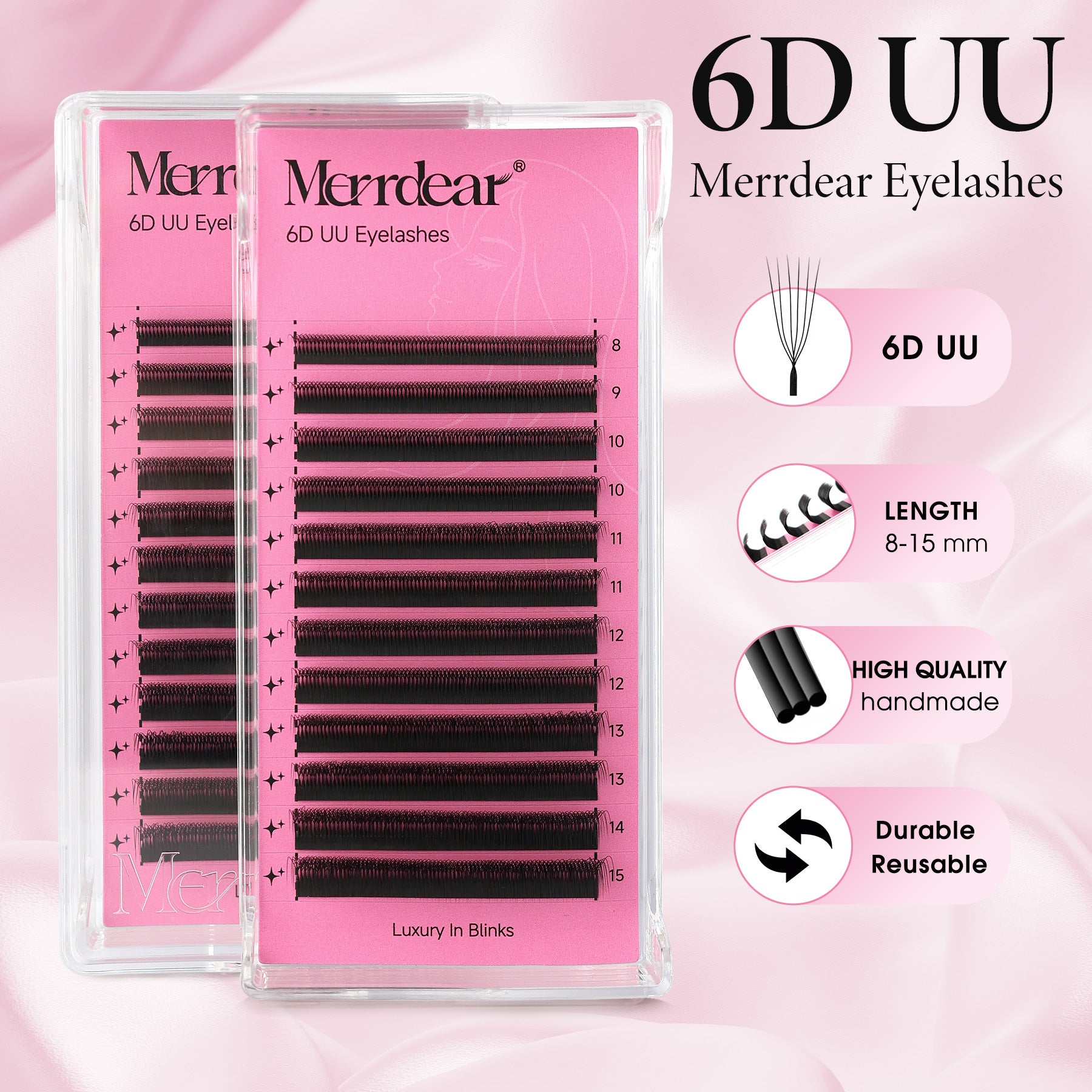 Extensões de pestanas postiças Merrdear 6D em formato UU com efeito vison sintético.