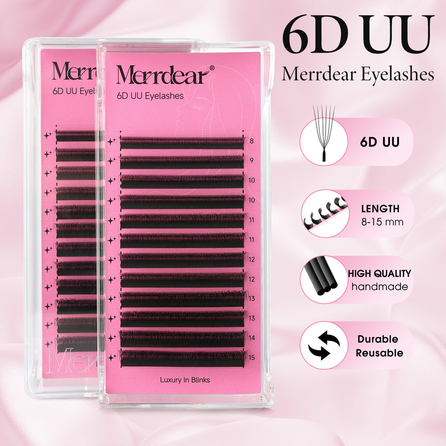 Extensões de pestanas postiças Merrdear 6D em formato UU com efeito vison sintético.