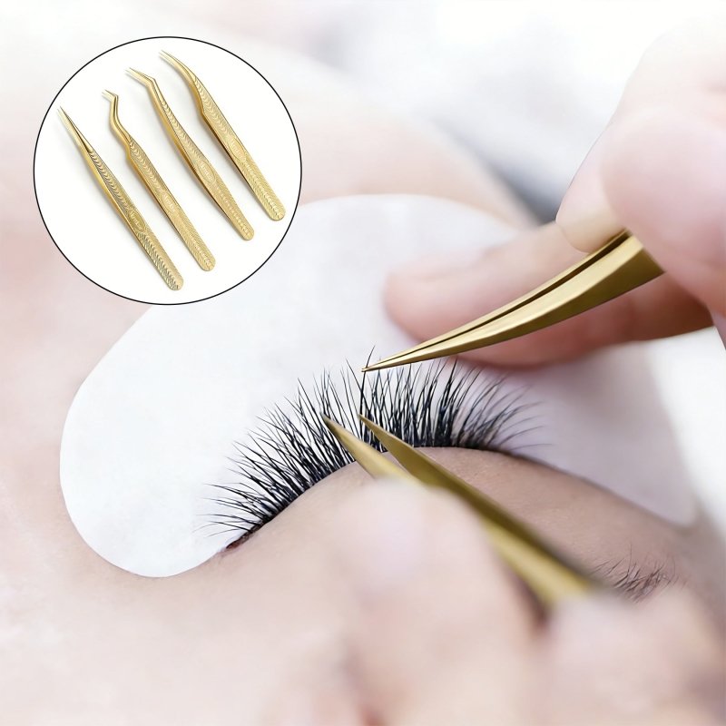 Conjunto de 4 Pinças para Pestanas Douradas Merrdear | Ferramentas para Volume e Isolamento