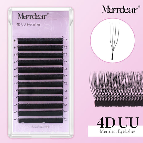 Extensões de pestanas Merrdear 4D em formato UU com efeito vison sintético e volume.