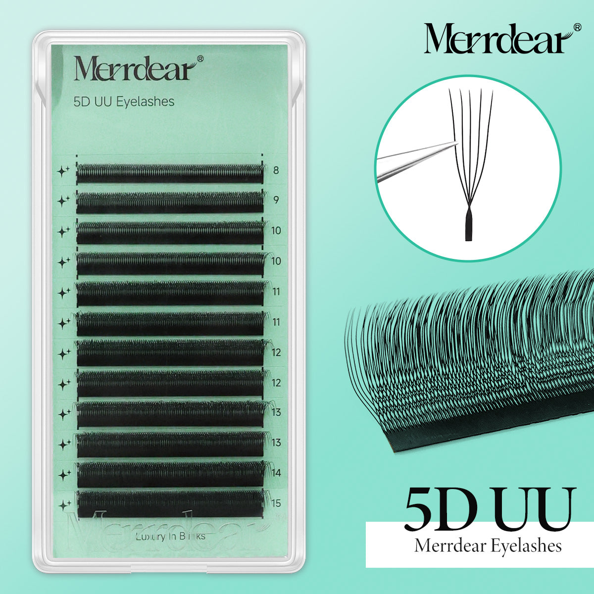 Pestanas postiças Merrdear 5D em formato UU, com um volume mega e acabamento em vison sintético, em comprimentos variados.