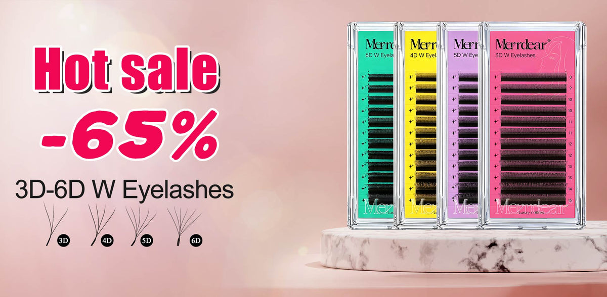 Four packs of Merrdear 3D-6D W eyelashes displayed on a marble pedestal against a pink background with a 'Hot sale -65%' promotional text overlay on the left.
